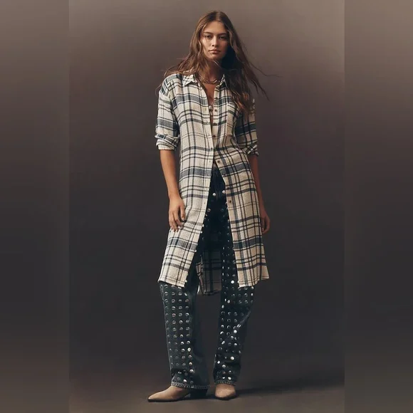 Anthropologie Pilcro Side-Slit Maci Tunic Buttondown in Ivory Plaid, size L, NWT - Picture 2 of 12